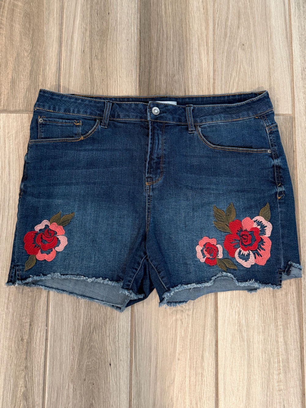 Kensie Dark Blue Denim Shorts with Red & Pink Floral Embroidery